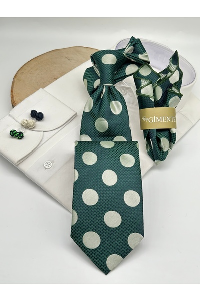 Gutiero Green Polka Dot Classic Tie with Handkerchief