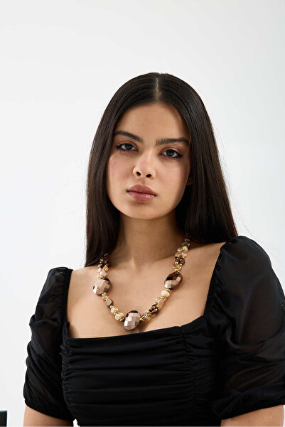 JİMNY JEWELRY Crystal Cream Brown Faceted Cut Pendant