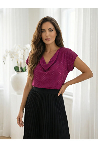 UniqueStore.ro Елегантна пурпурна блуза с драпирано деколте и апликации от кр...