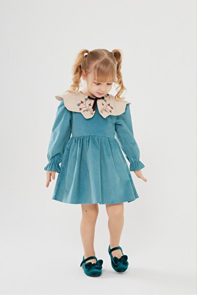 Bloom Mavi Kadife Kız Çocuk Elbise