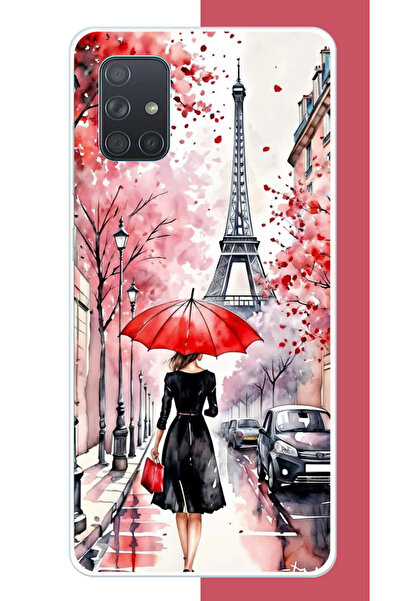 Aksesuarist Samsung Galaxy A71 Uyumlu kırmızı şemsiyeli kadın UV Baskılı Sili...