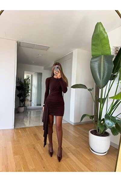 maf collection Women's Brown Crew Neck Draped Detail Evening Dress