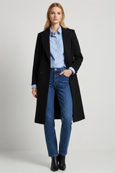 Perspective Mona Slim Fit Uzun Boy Takma Kol Erkek Yaka Siyah Renk Kadın Kaban