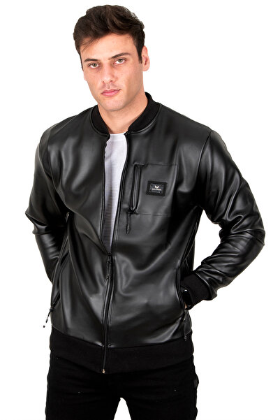 Rizz up Men's Black Slim Fit Faux Leather Sports Jacket Coat – College Collar...