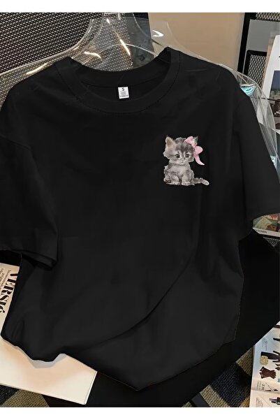 yombaa Μπλουζάκι με κοντό μανίκι, χαριτωμένο σχέδιο γάτας στο αριστερό μέρος ...