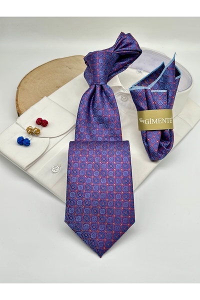 Gutiero Blue and Red Patterned Classic Tie with Handkerchief