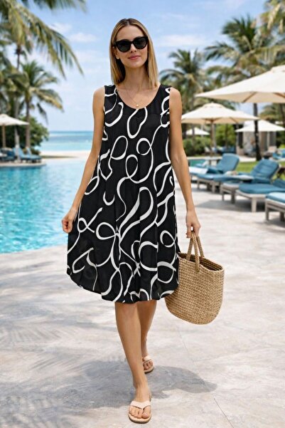 AYASOFYA OTANTIK Women's Black and White Patterned Sleeveless Midi Dress