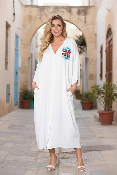 MODANI SEÇ White V-Neck Back and Chest Flower Embroidered Oversize Long Shirt...