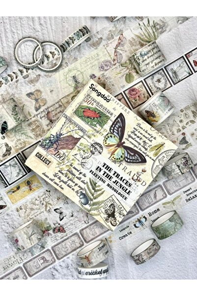 SF SCRAPBOOK KIRTASİYE Vintage Çiçek Ve Kelebek Desenli 20'li Washi Tape Set,...