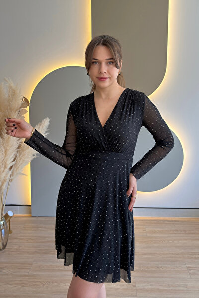 Aventien Black Tulle Dress with Ruffles and Stones