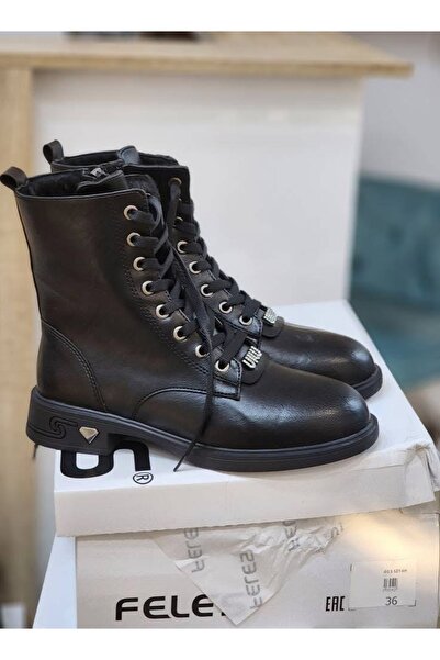 FELES Siyah cilt kadın fermuarlı ve ipli postal