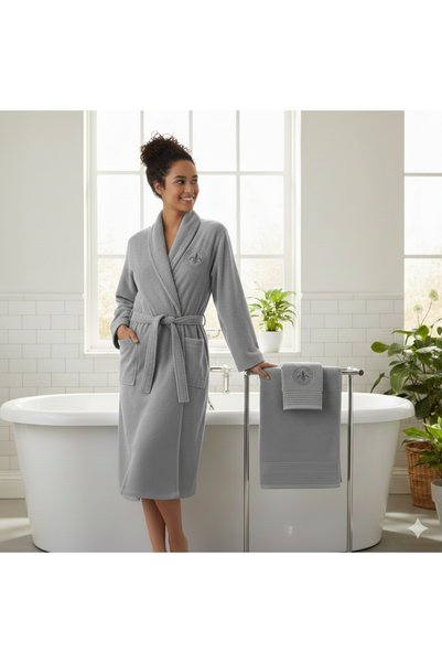 Lider MAGNESİA Bathrobe Set 2 Pieces Embroidered Gray 1 Bathrobe 1 Towel