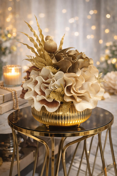 eviko Şık Gold Metal Saksıda Suni Çiçek Aranjmanı