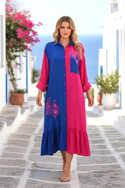 MODANI SEÇ Saks Blue Pink Garnished Front and Skirt Embroidered Long Shirt Dr...