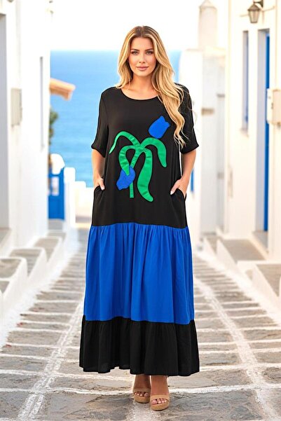 MODANI SEÇ Blue Black Garnished Boat Neck Short Sleeve Appliqued Tulip Embroi...