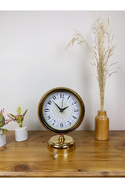 Pazarcan Modern ve Şık Çini Desen Gold Metal Masa Saati 25x20 cm Dekoratif Sa...