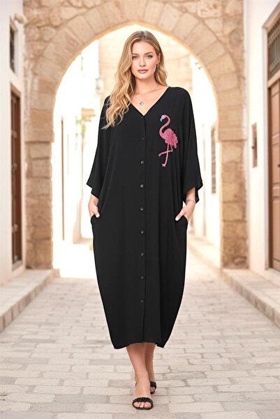 MODANI SEÇ Siyah V Yaka Önü Ve Sırtı Flamingo Nakışlı Cepli Oversize Uzun Göm...