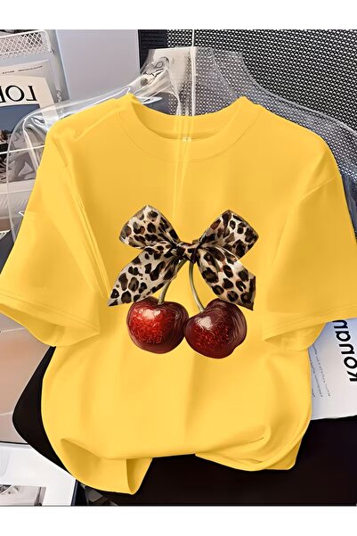 oneagılyazı تي شيرت نسائي أنيق مطبوع بنقشة الفهد مع فيونكة وتصميم الكرز