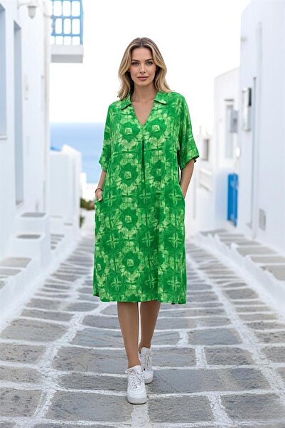 MODANI SEÇ Green Patterned Shirt Collar Pocket Short Dress