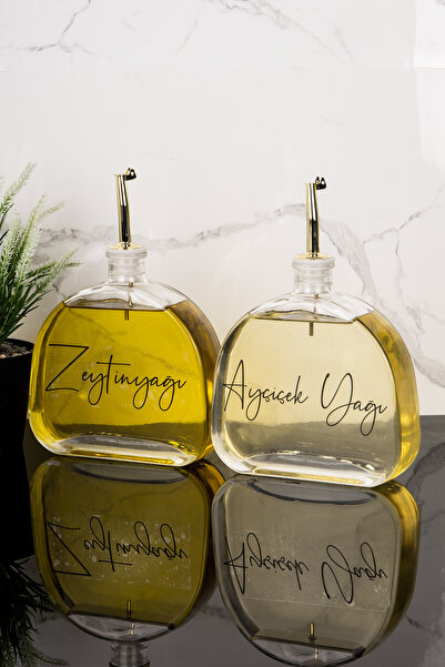 ozbience 2'li 500 ml Cam Yağlık Seti, Gold Kapak, Zeytinyağı ve Sosluk Uyumlu