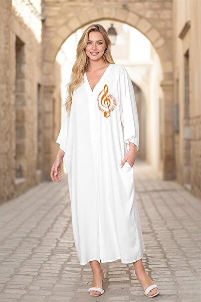 Generic Brand White V-Neck Chest Note Embroidered Oversize Long Shirt Dress w...