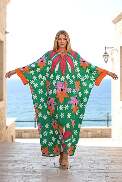 MODANI SEÇ Green Floral Crew Neck Bat Sleeve Oversize Long Dress