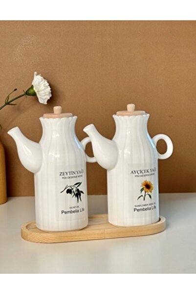 ozbience 2'li Porselen Yağdanlık ve Bambu Altlık Seti 1000ml, Şık ve Kullanışlı