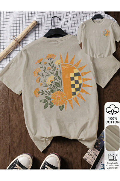 SUNFREE Retro Flower Sun Printed Crew Neck Short Sleeve Unisex Cotton Combed ...