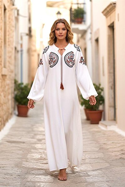 MODANI SEÇ White Chest And Sleeves Embroidered Tasseled Balloon Sleeve Long D...