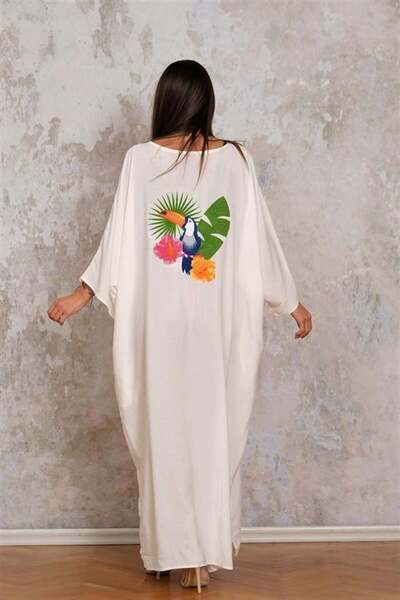 MODANI SEÇ Beyaz V Yaka Yarasa Kol Sırtı Kuş Nakışlı Cepli Oversize Uzun Elbise