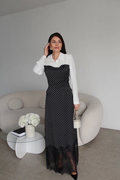 Julidress Polka Dot Padded Shirt Blouse and Lace Detailed Maxi Skirt Premium ...
