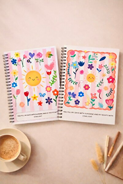 ADA OFİS KIRTASİYE A5 Spiral Flower Patterned Pastel Notebook Checkered Set of 2