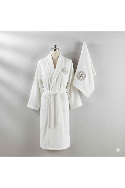 Lider MAGNESİA Bathrobe Set Cream Color with Embroidery 1 Bathrobe 1 Towel Co...