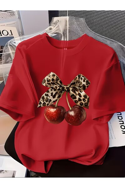 oneagılyazı Kadın Leopar Desenli Fiyonklu ve Kiraz Tasarımlı Şık Baskılı Tişört,