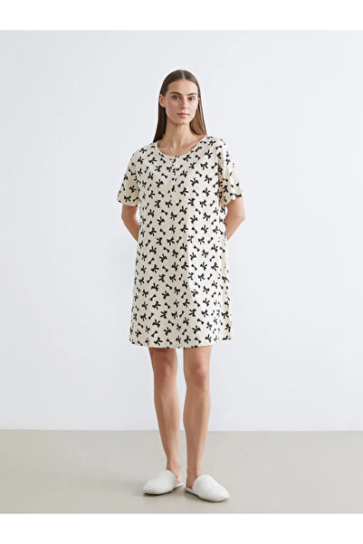 LC Waikiki LCW DREAM Bej Bisiklet Yaka Fiyonk Desenli Hamile Gecelik