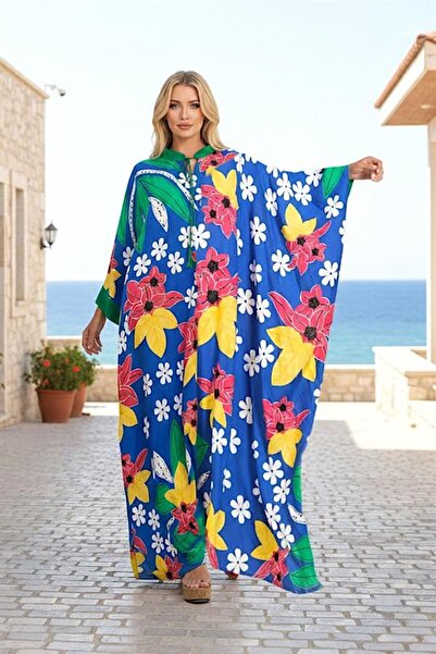 MODANI SEÇ Blue Floral Crew Neck Bat Sleeve Oversize Long Dress