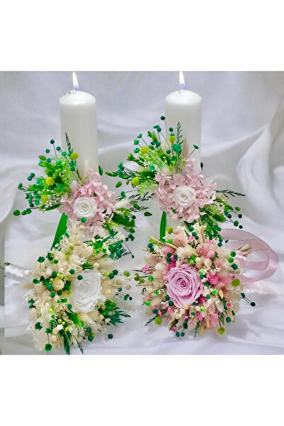 Eventissimi Lumânare cununie/botez – 30 cm, ceară naturală, decor: plante usc...