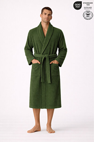 Ellaline Men's Striped Bathrobe 100% Cotton Certified Şalyaka 1 Piece, Bathro...