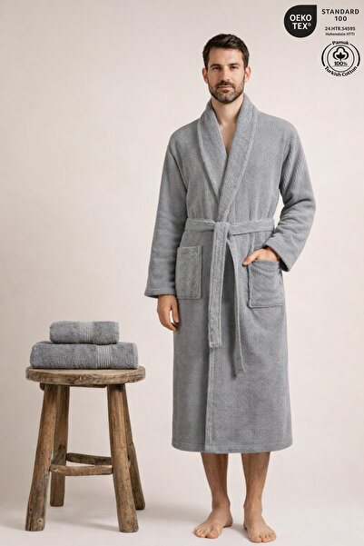 Ellaline Men's Bathrobe 100% Cotton Certified 3-Piece Shawl Collar Striped Gr...