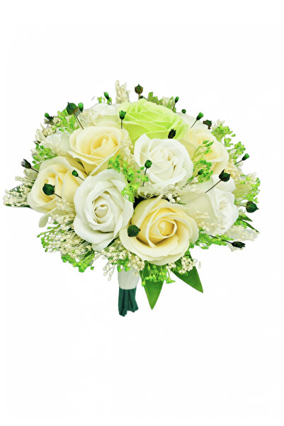 Eventissimi Buchet mediu cu trandafiri si floarea miresei (Alb, Crem, Verde)