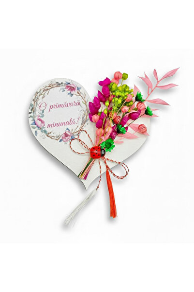 Eventissimi Mărțișor inima cu magnet, cu flori roz naturale uscate si mesaj p...