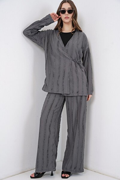 Hiccup Bdart Textured V-Neck Kimono and Wide-Leg Pants Set with Tie Detail