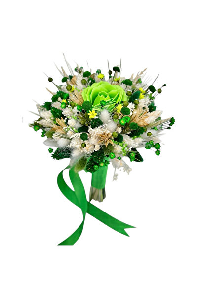 Eventissimi Buchet mic cu trandafir si mix de flori naturale uscate, alb- verde