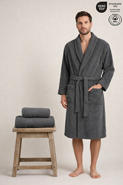 Ellaline Men's Bathrobe 100% Cotton Certified 3-Piece Shawl Collar Anthracite...