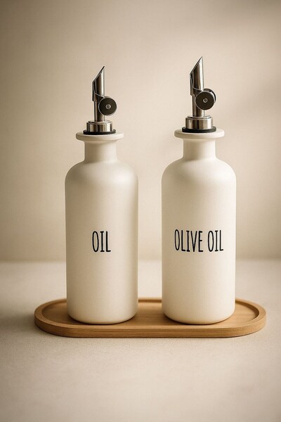 ozbience Bambu Standlı 2'li Beyaz Gümüş Başlıklı Cam Yağdanlık Seti, 500 ml