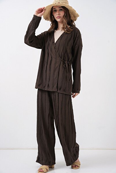 Hiccup Bdart Textured V-Neck Kimono and Wide-Leg Pants Set with Tie Detail