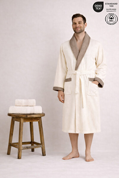 Ellaline Men's Contrast Bathrobe 100% Cotton Certified Şalyaka 3 Piece, Strip...