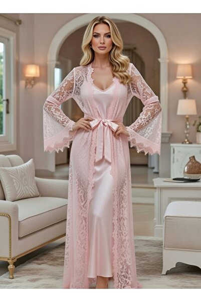 bigmama Women's Black Satin Nightgown and Robe Set with Lace, Dowry Set, Long...