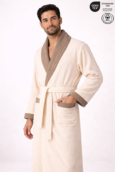 Ellaline Men's Contrast Bathrobe 100% Cotton Certified Şalyaka 1 Piece, Strip...