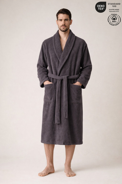 Ellaline Men's Bathrobe 100% Cotton Certified Şalyaka 1 Piece, Bathrobe / Ant...